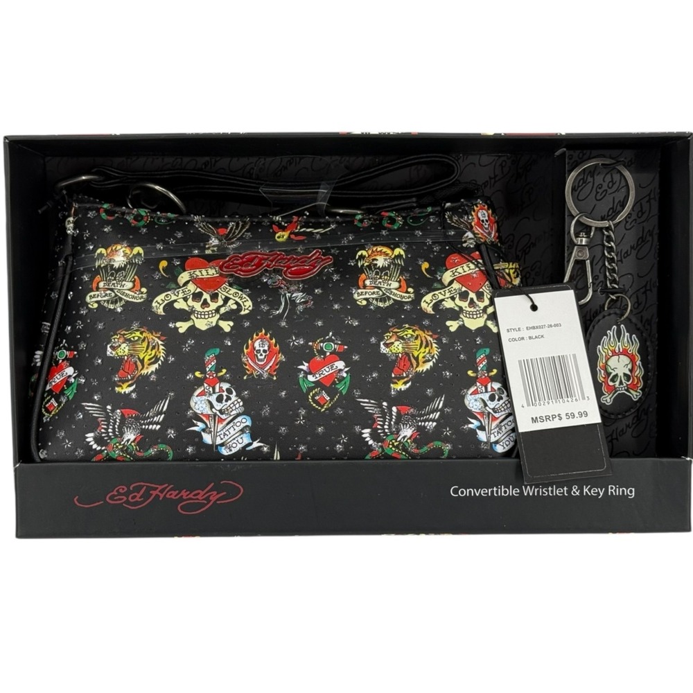 Ed Hardy Gift Box Black Convertible Wristlet with Key Ring Tattoo Rhinestone NWT